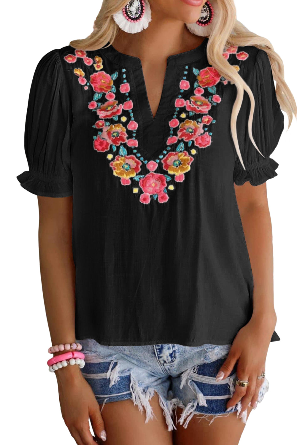 Blusa de manga farol con volantes y bordado floral 