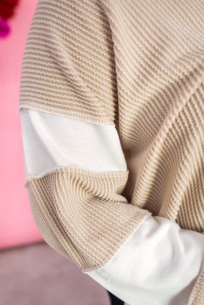 Parchment Corded Colorblock Long Sleeve Slit V Neck Plus Top