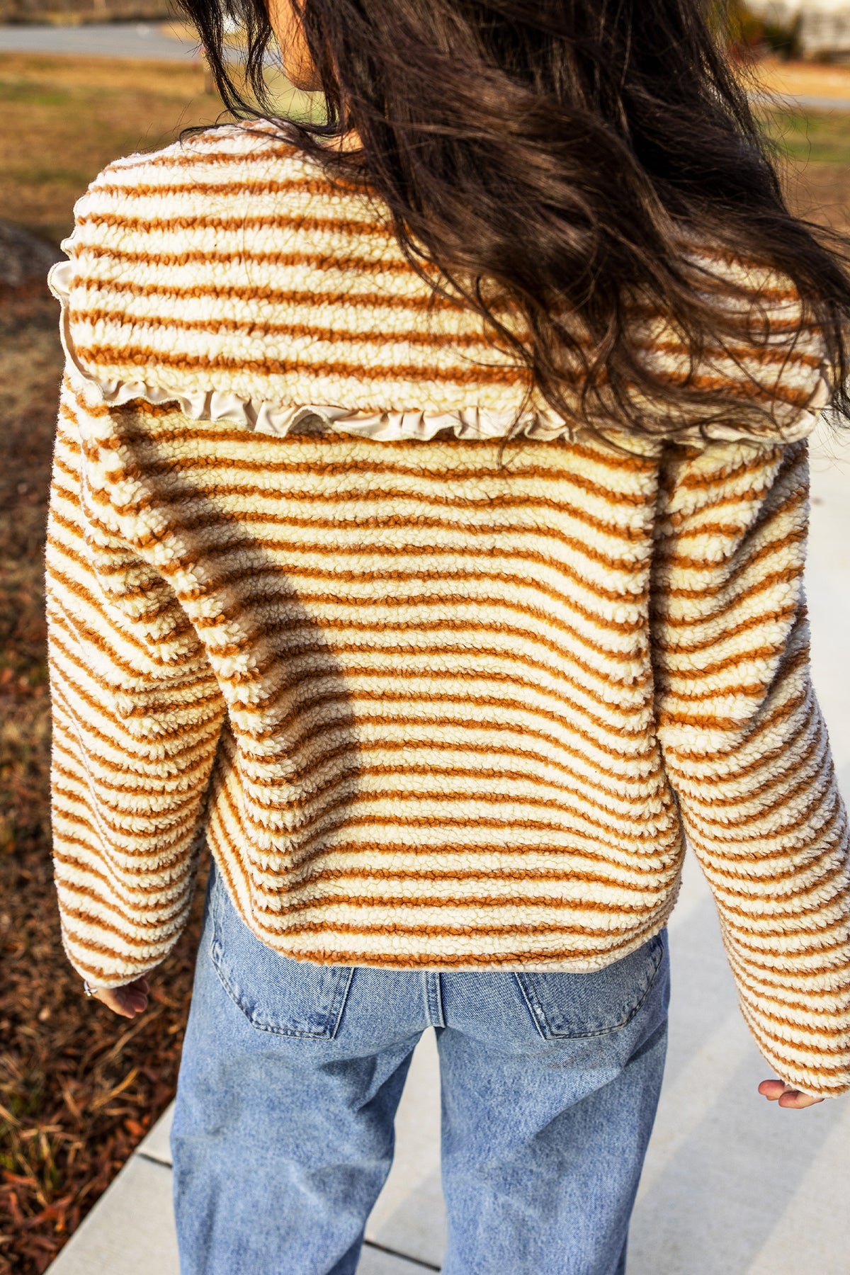 Brown Stripe Striped Fleece Button Front Long Sleeve Regular Fit Jacket