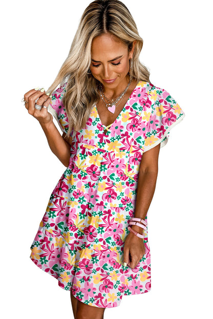 Robe kaki à imprimé croisé et col en V, manches flottantes