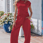 Racing Red Solid Color Cropped Tank Top and Jogger Pants Set
