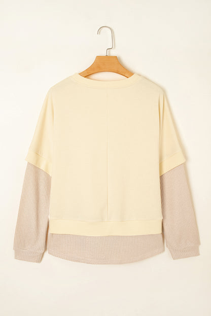 Apricot 2 in 1 Faux Two Piece Patchwork Round Neck Sweatshirt