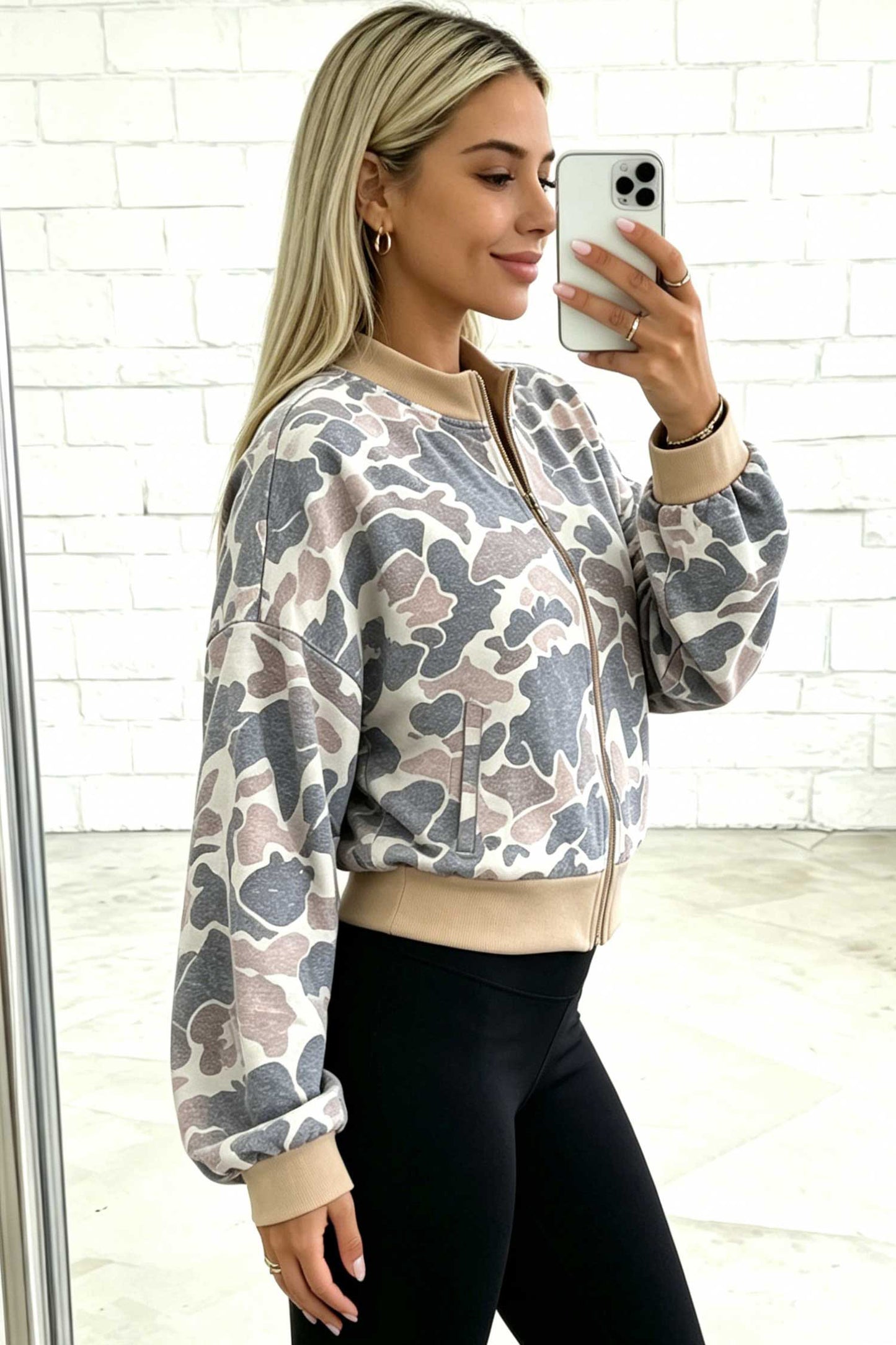 Multicolour Camouflage Print Color Block Trim Zip Bomber Sweatshirt