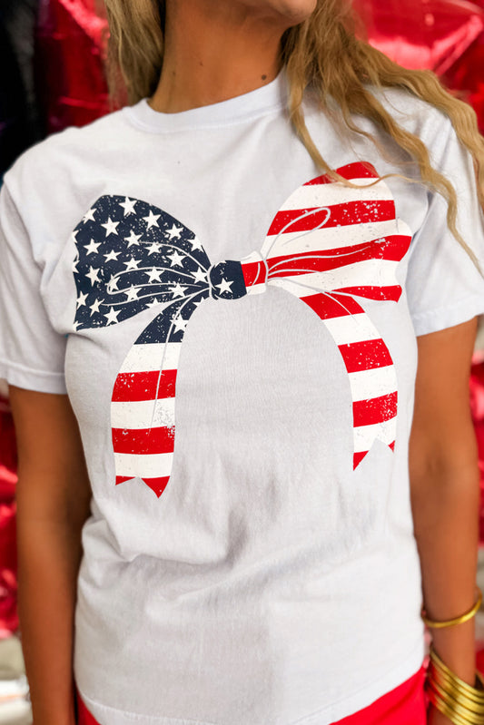 White Stars and Stripes Bowknot Graphic Round Neck Tee