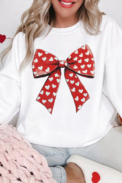Sweat-shirt blanc à col rond et imprimé cœur et nœud pour la Saint-Valentin
