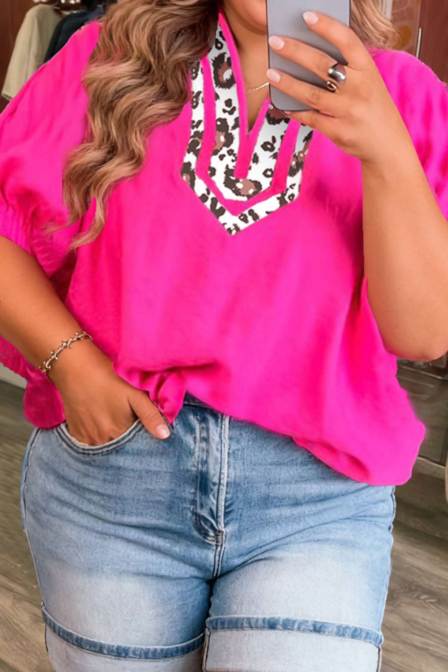 Rose Red Leopard Accent Notched Neck Plus Size Short Sleeve Top