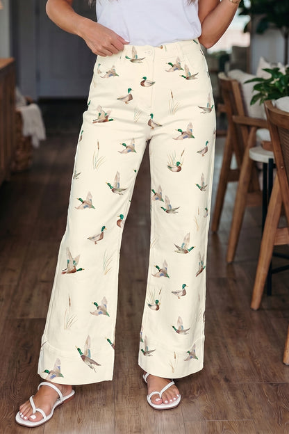 Beige Stylish Mallard Printed Cuffed Hem Shift Jeans