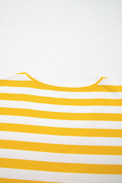 Yellow Stripe Striped Lace Patchwork V Neck Long Sleeve Top