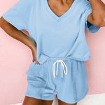 Myosotis V Neck Drop Shoulder Tee and Patchwork Drawstring Shorts Set