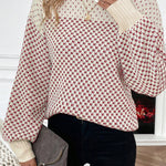 Red Contrast Color Pattern Lantern Sleeve Sweater