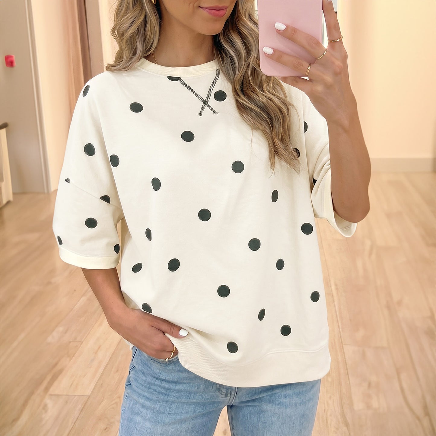 Beige Polka Dot Print Crossed Seam Detail Oversize Tee
