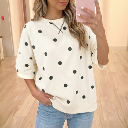 Beige Polka Dot Print Crossed Seam Detail Oversize Tee