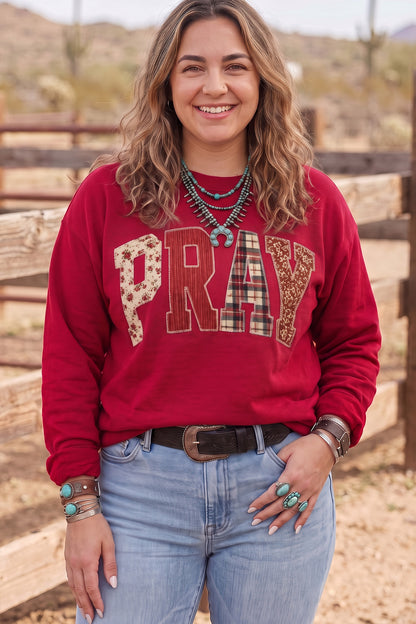 Fiery Red PRAY Letter Patchwork Round Neck Long Sleeve Plus Size Sweatshirt