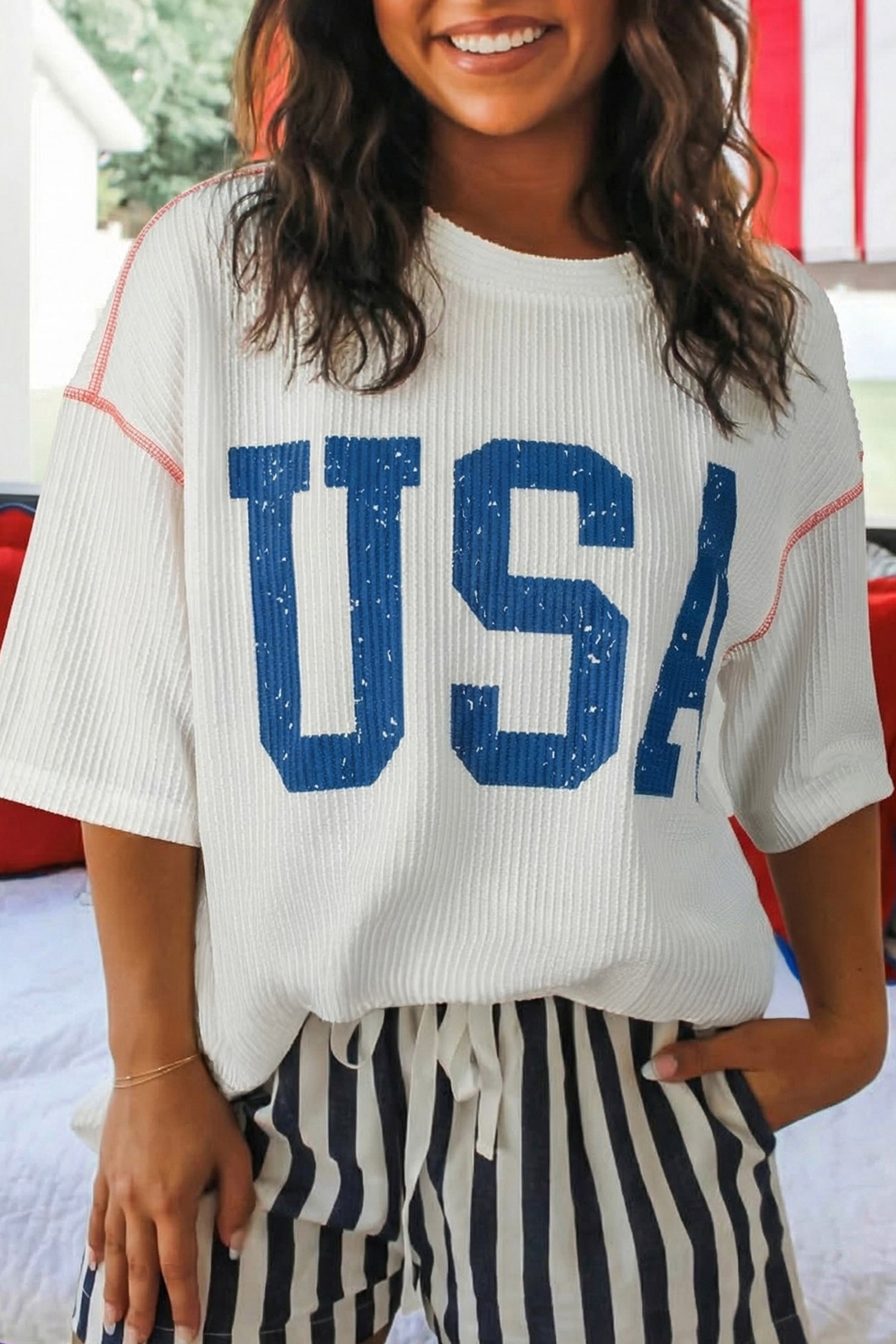 White USA Graphic Half Sleeve Loose Ribbed Top