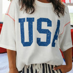 White USA Graphic Half Sleeve Loose Ribbed Top