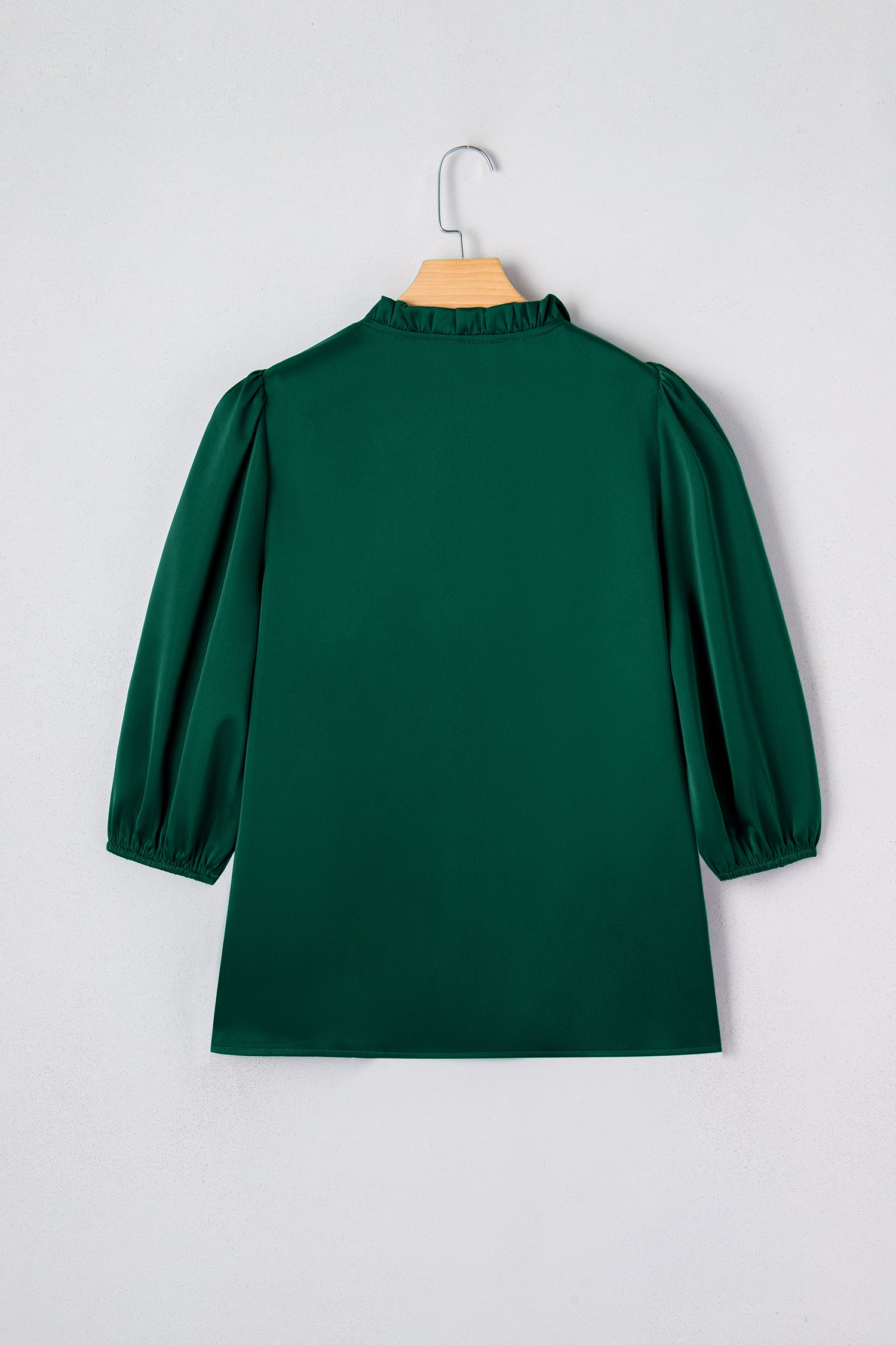 Blackish Green Solid Color Frilled V Neck Bow Detail 3/4 Sleeve Blouse
