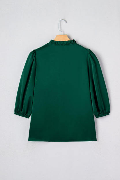 Blackish Green Solid Color Frilled V Neck Bow Detail 3/4 Sleeve Blouse