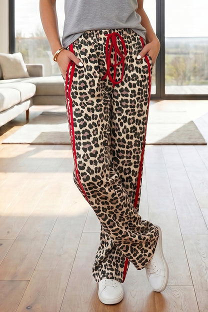Rose Contrast Detail Tie Waist Leopard Print Casual Pants