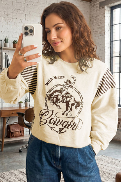 Jet Stream Western Print Striped Detail Long Sleeve Casual Top