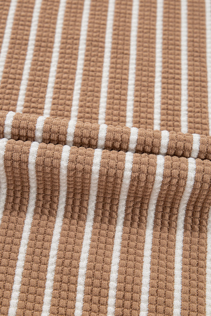 Haut à manches longues et col rond texturé à rayures kaki et bords rapiécés