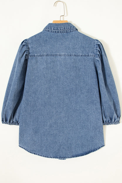 Blue Puff Half Sleeve Collared Denim Shirt