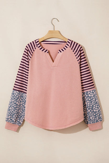 Light Pink V Neck Colorblock Patchwork Striped Floral Long Sleeve Casual Top
