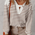 Khaki Stripe Textured Hooded V Neck Casual Long Sleeve Top