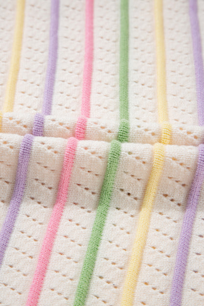 T-shirt pull à manches volantées en tricot à œillets rayé coloré couleur avoine