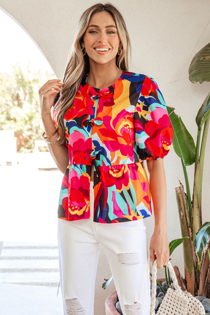Red Abstract Floral Print Front Tied Puff Sleeve Babydoll Blouse