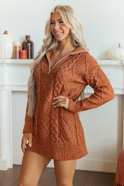 Clay Zip-Up Cable Knit Drop Shoulder Sweater Dress