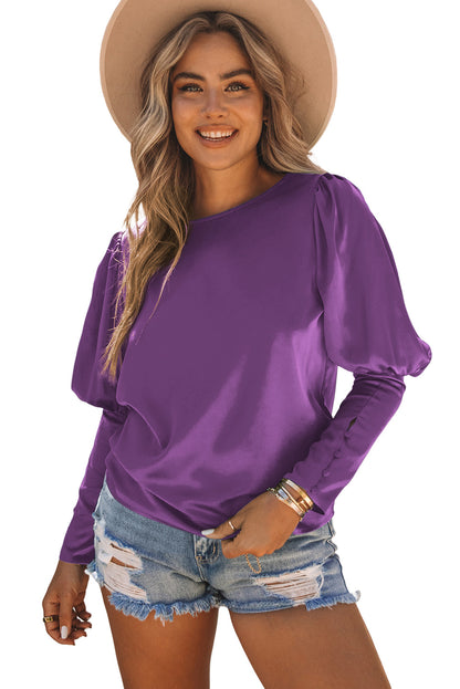 Satin Buttoned Cuffs Puff Sleeve Top