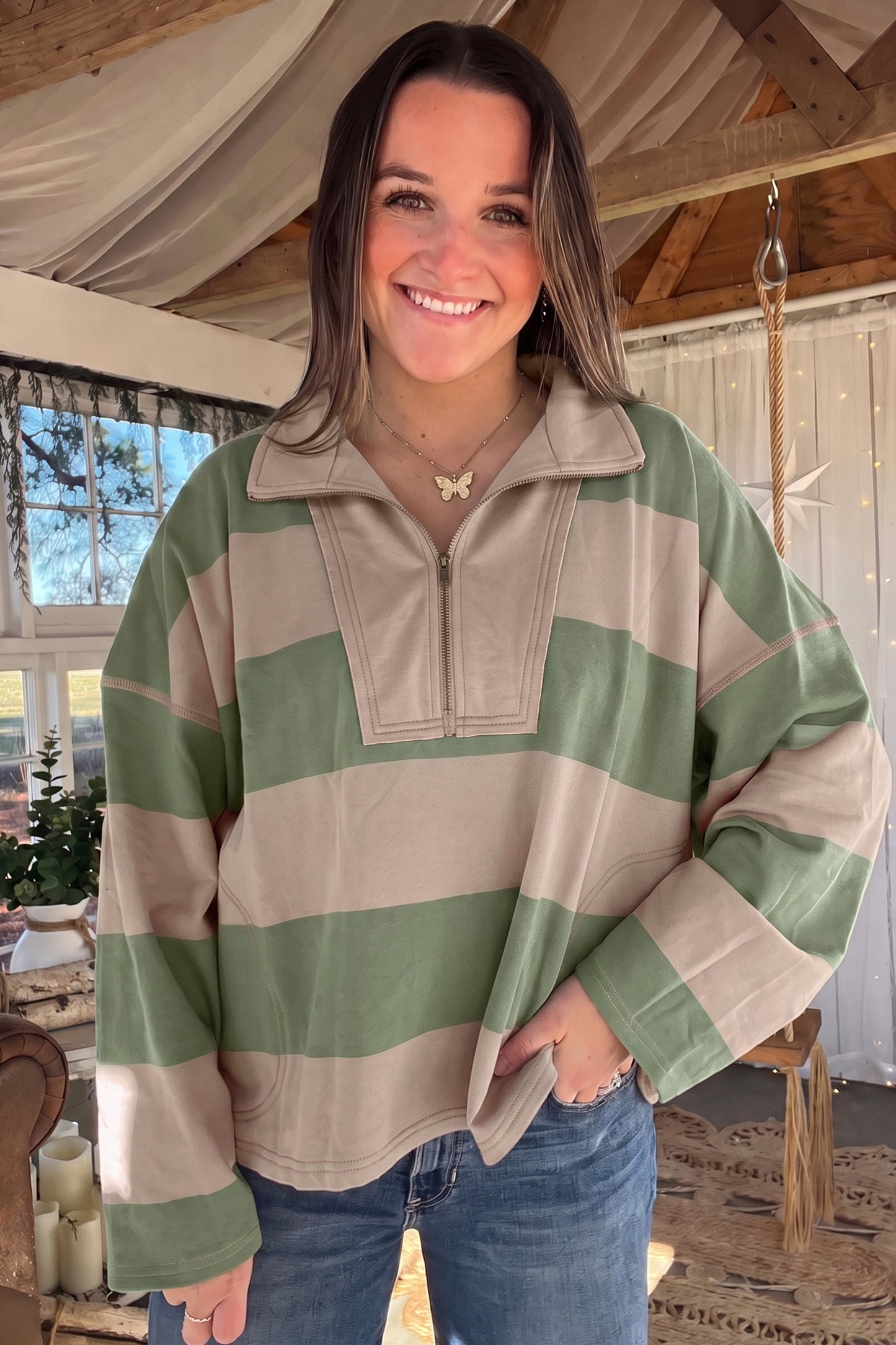 Green Striped Colorblock Zipper Pullover Long Sleeve Loose Top