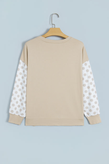 Khaki Polka Dot Patchwork Sleeve Crew Neck Loose Pullover Sweatshirt