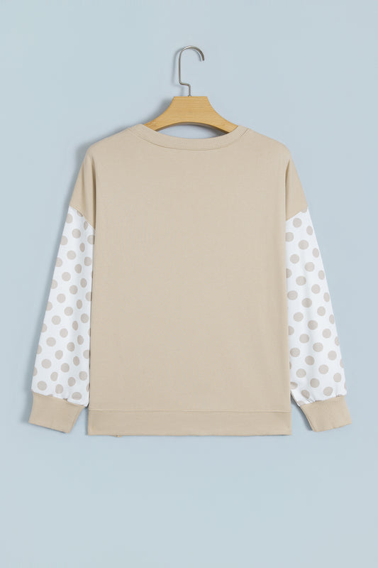 Khaki Polka Dot Patchwork Sleeve Crew Neck Loose Pullover Sweatshirt