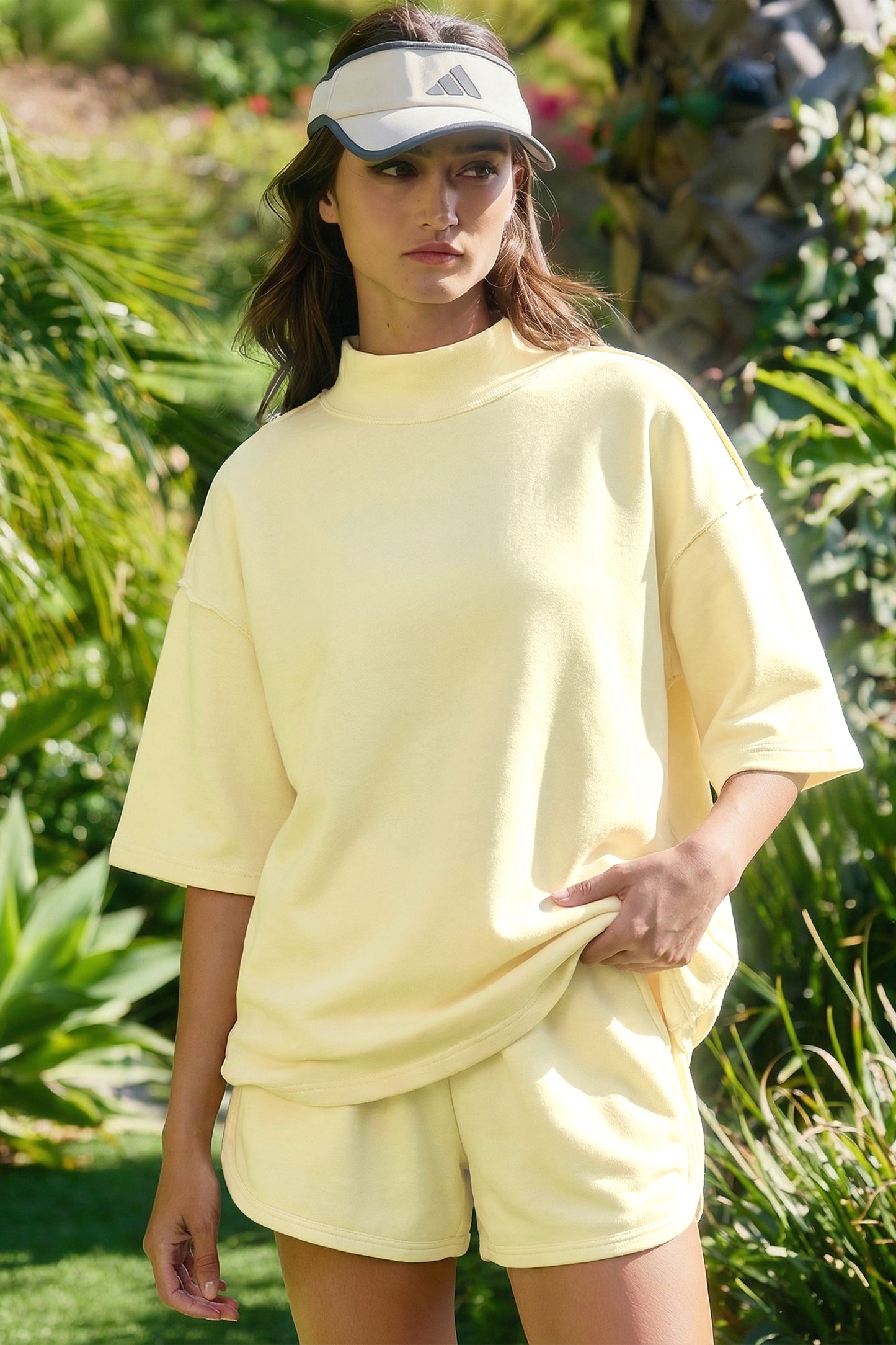 Yellow Cream Solid Color Exposed Seam Mock Neck Oversize Tee Casual Shorts 2pcs Outfit