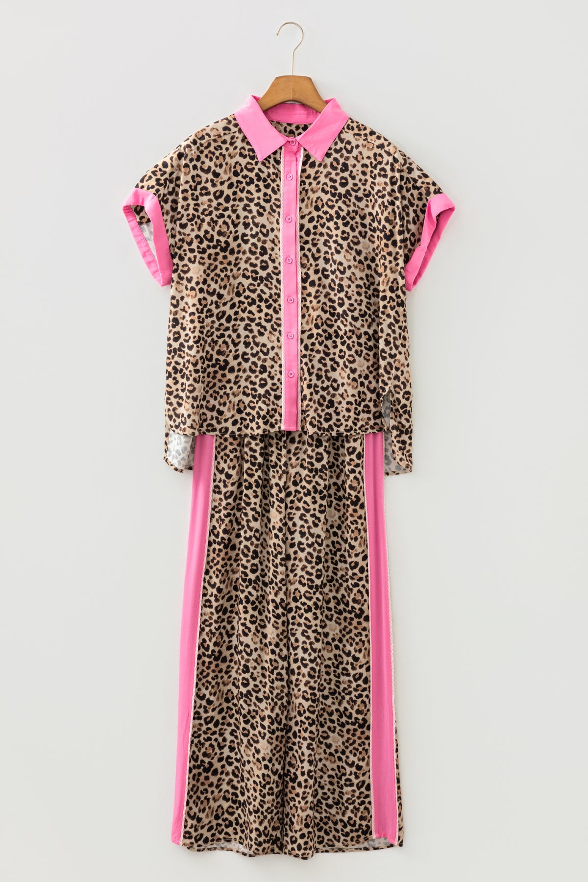 Brown Contrast Trim Leopard Top and Pant Set