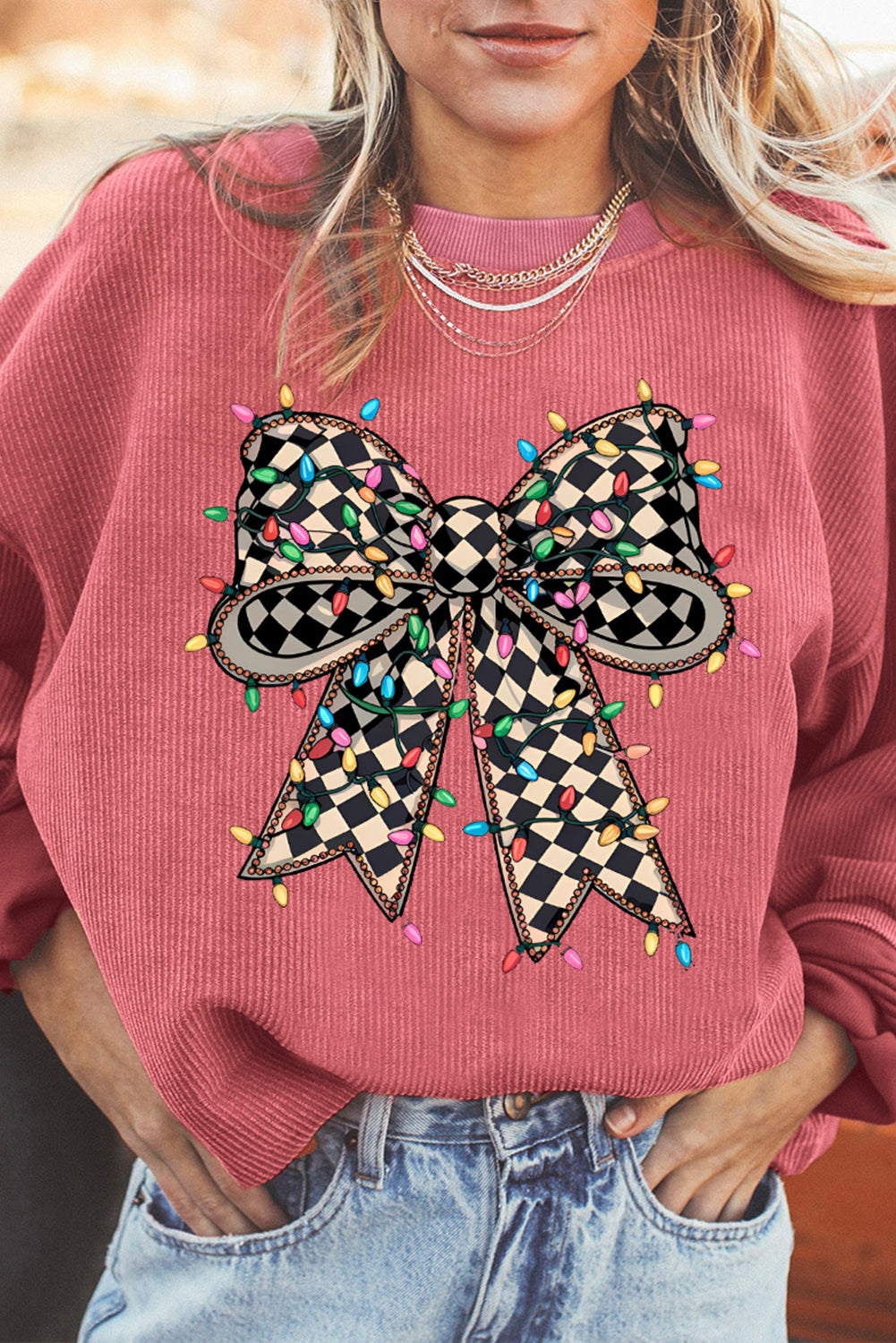 Sweat-shirt ras du cou côtelé à imprimé nœud et carreaux rose fraise