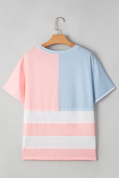 Pink Stars and Stripes Printed Crewneck Independence Day T Shirt