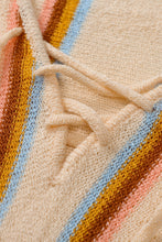 Beige Lace up V Neck Striped Knit Sweater