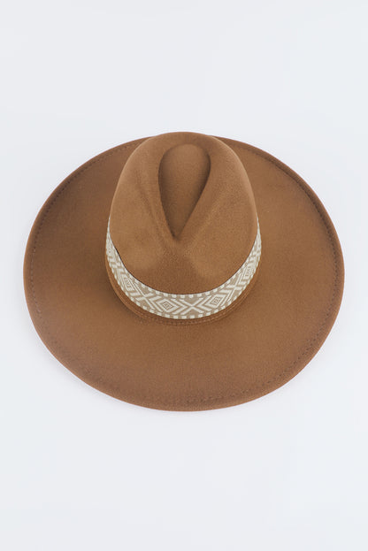 Sombrero Fedora plano retro con bordado azteca marrón