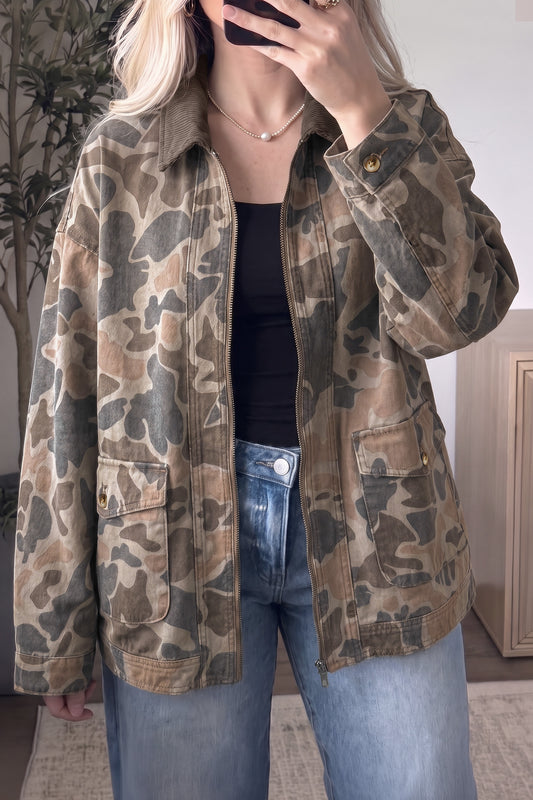 Multicolour Retro Camouflage Print Corduroy Contrast Collar Zip Denim Jacket