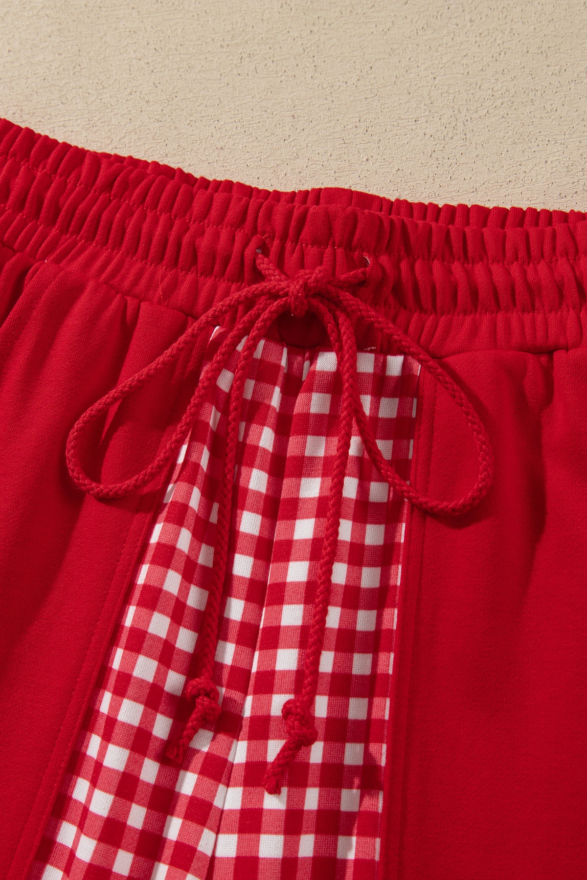 Red Color Block Plaid Patchwork Long Sleeve Pullover Wide Leg Pant Set