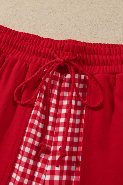 Red Color Block Plaid Patchwork Long Sleeve Pullover Wide Leg Pant Set