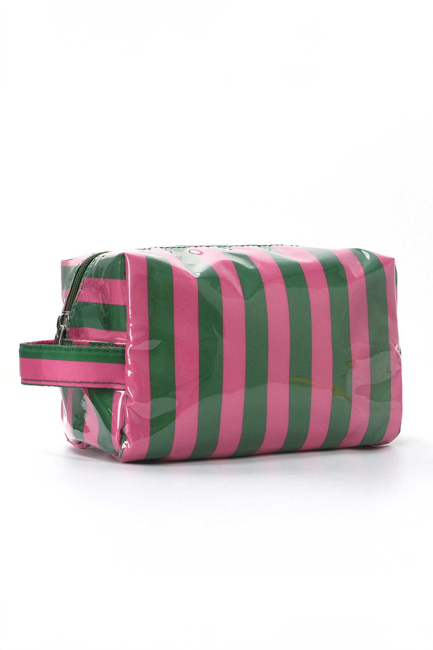 Dark Green PVC Striped Cosmetic Bag Durable Zipper Handle Travel Organizer