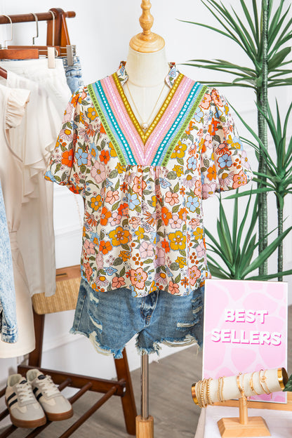 Multicolour Crochet V Neckline Puff Sleeve Boho Flower Blouse