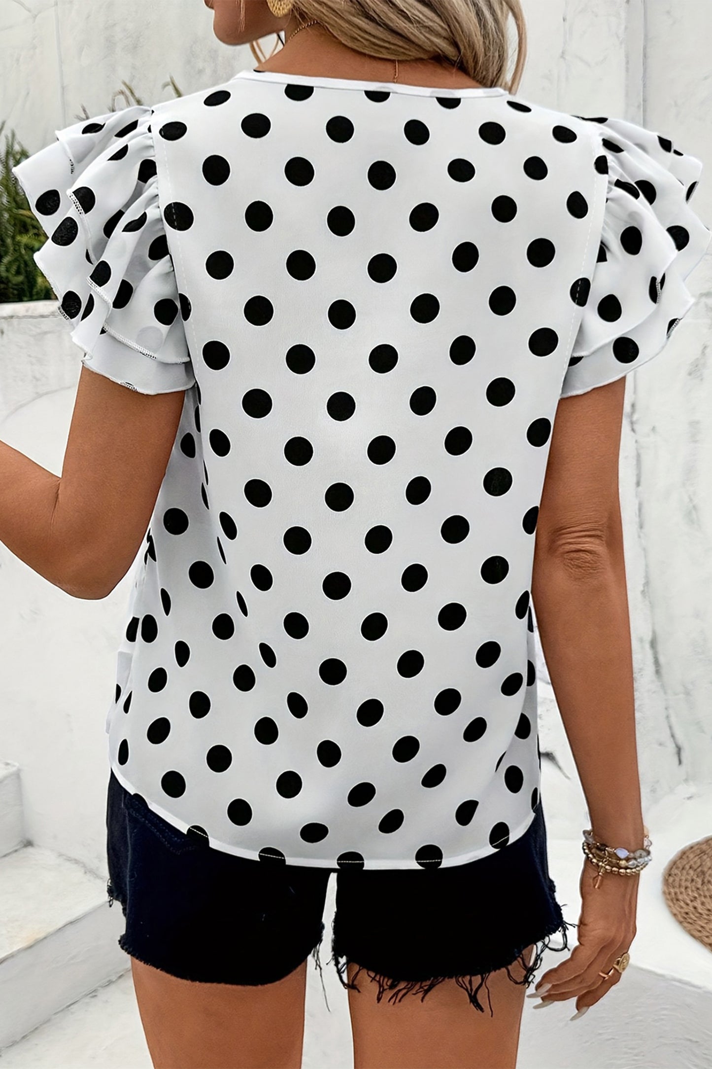 White Polka Dot Print Ruffled Short Sleeve Blouse