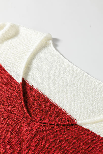 Red Stripe Loose Color Block Drop Shoulder Bubble Sleeve Sweater