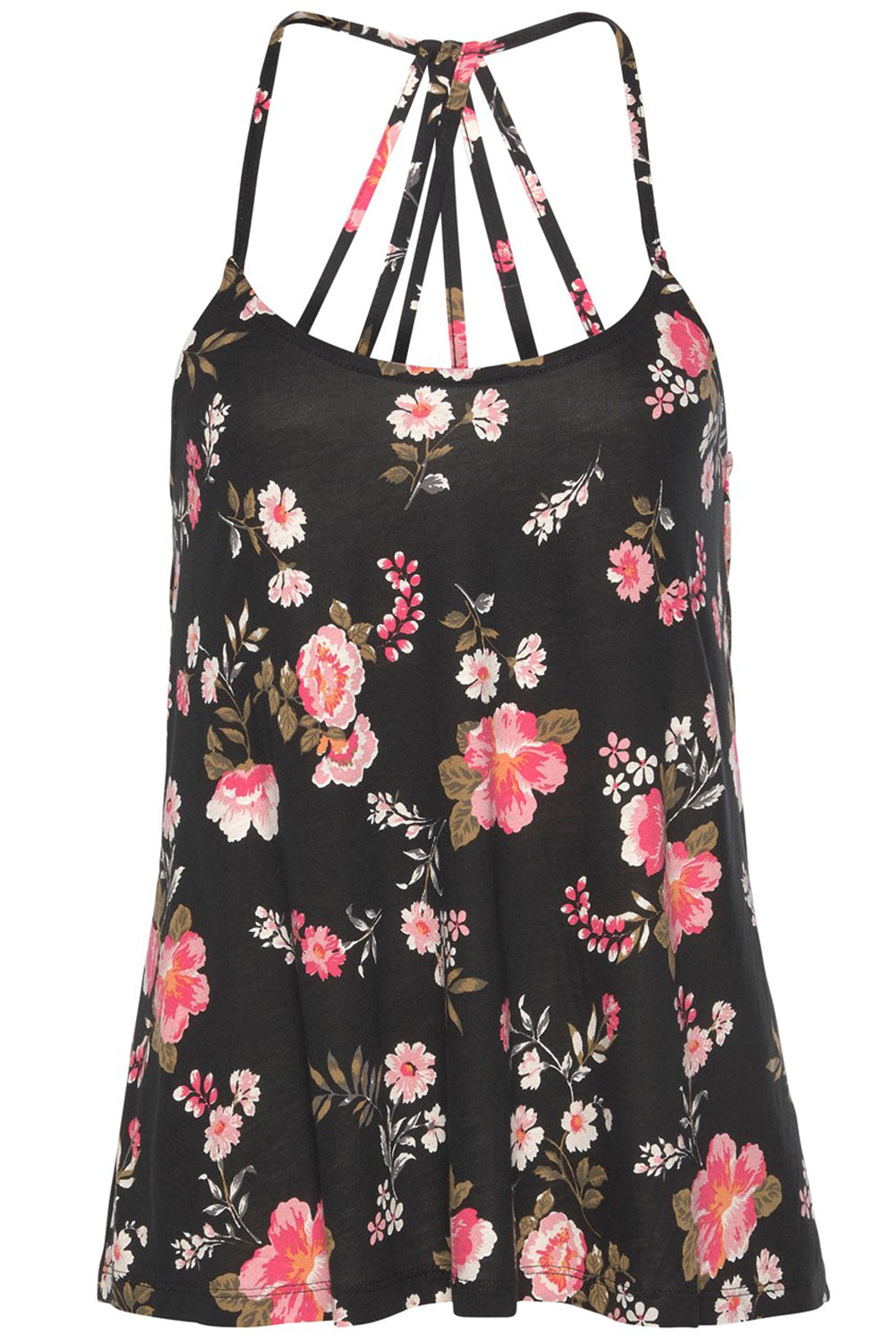 Black Floral Spaghetti Straps Strappy Back Tank Top