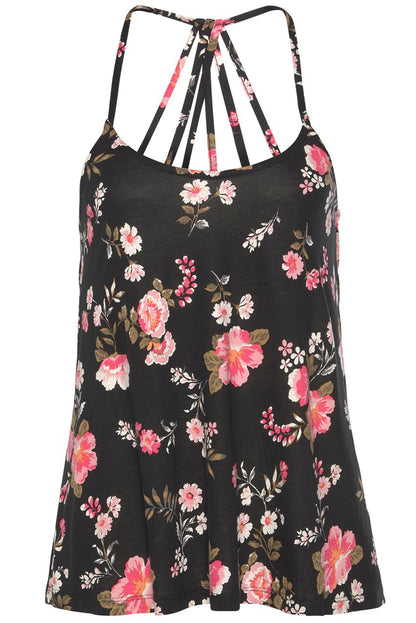 Black Floral Spaghetti Straps Strappy Back Tank Top