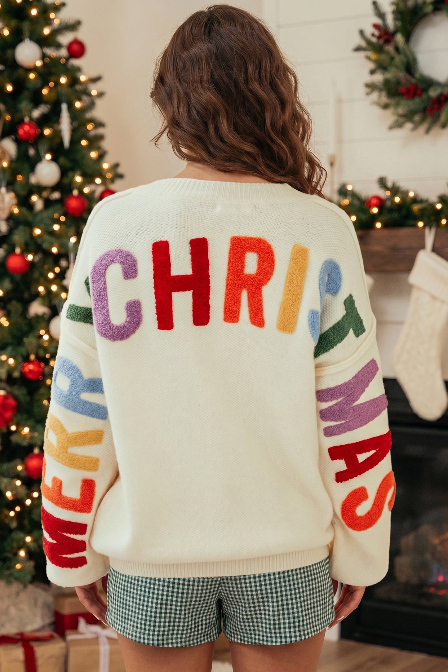 White Ho Ho Ho Slogan V Neck Button Front Embroidered Knit Cardigan